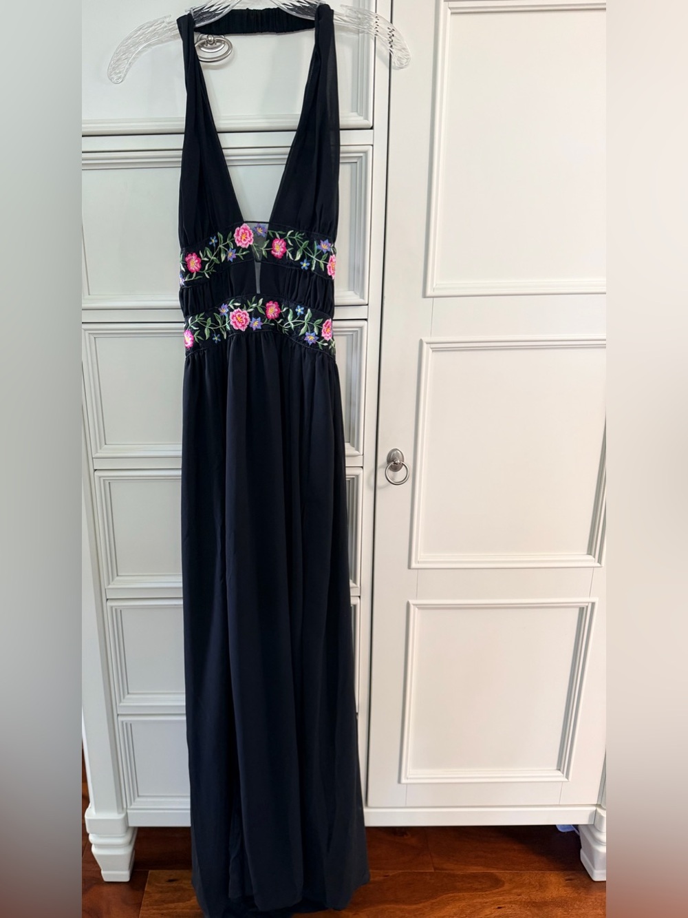 Hello Molly Black Maxi Dress with Pink Floral Embroidery
